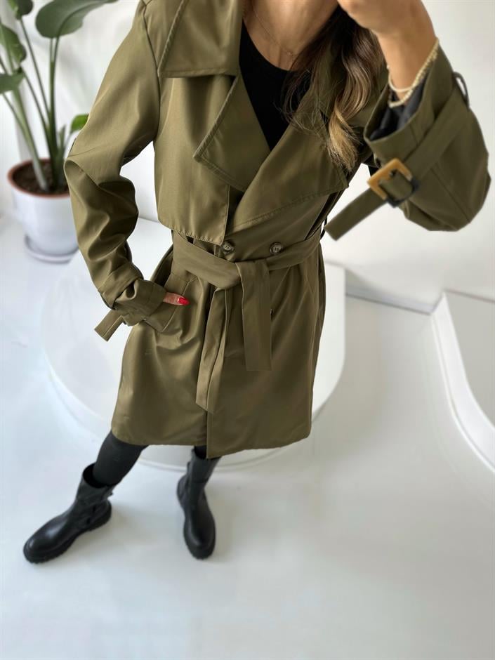 Premium Haki Astarlı Uzun Trençkot