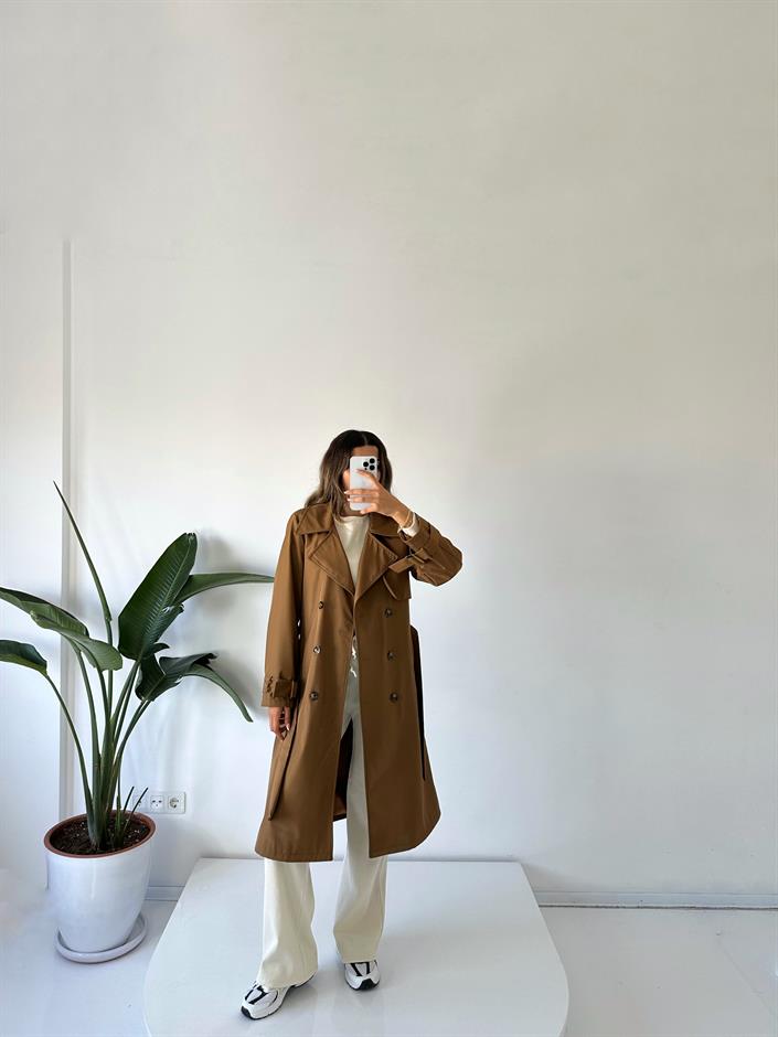 Premium Kahverengi Astarlı Uzun Trençkot