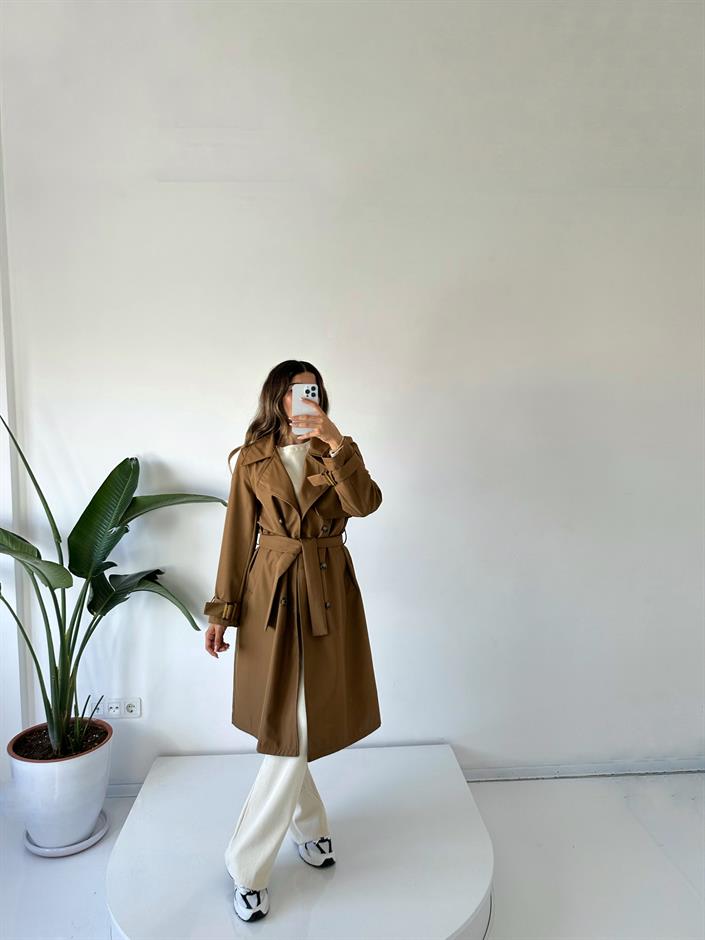 Premium Kahverengi Astarlı Uzun Trençkot