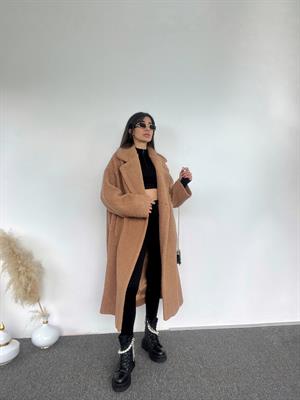 Premium Kahverengi Oversize Teddy Tek Düğmeli Kaban