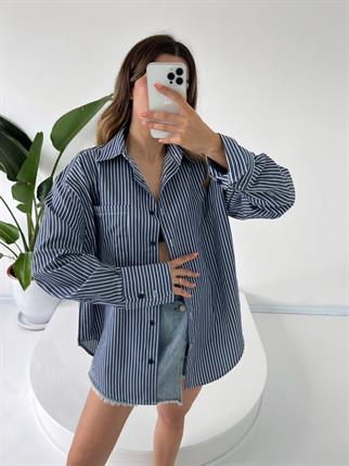 Premium Lacivert Çizgili Oversize Gömlek
