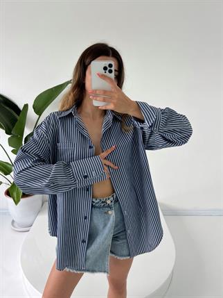 Premium Lacivert Çizgili Oversize Gömlek