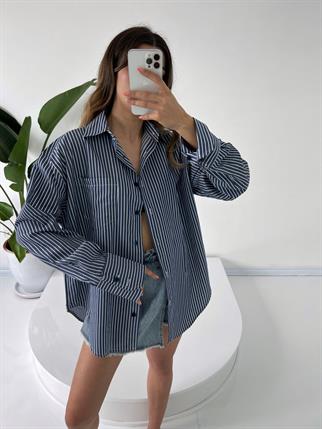 Premium Lacivert Çizgili Oversize Gömlek