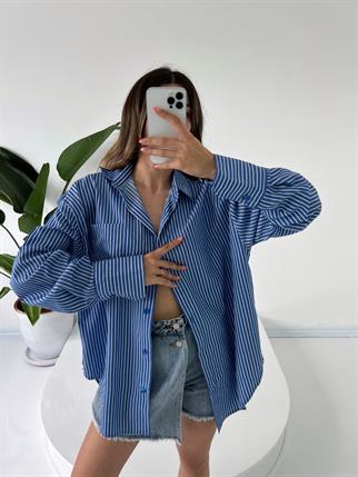 Premium Mavi Çizgili Oversize Gömlek 
