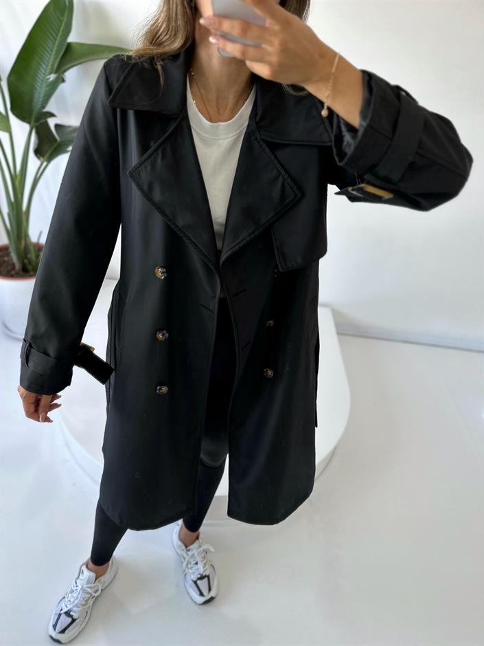 Premium Siyah Astarlı Uzun Trençkot