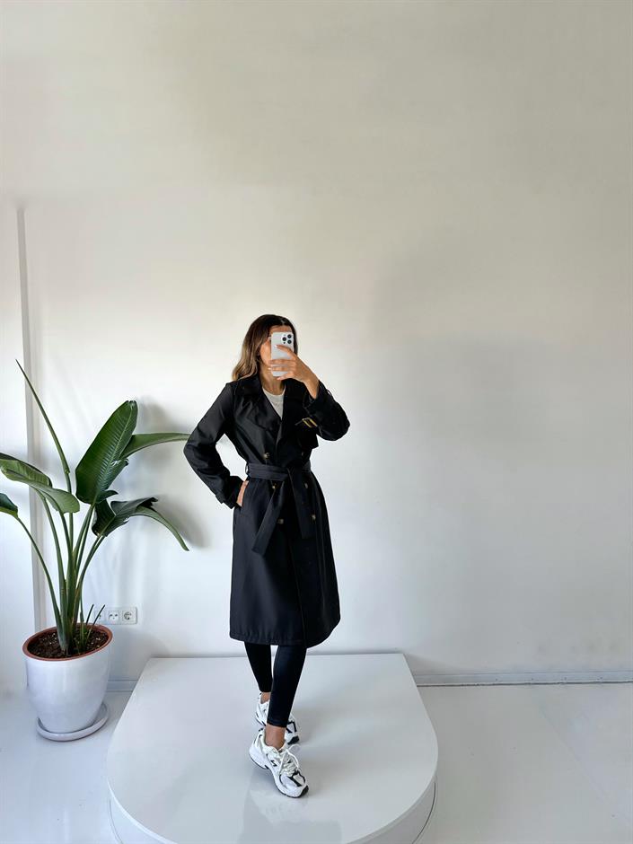 Premium Siyah Astarlı Uzun Trençkot