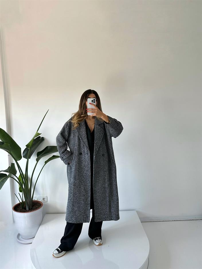 Premium Siyah Balık Sırtı Oversize Kaban