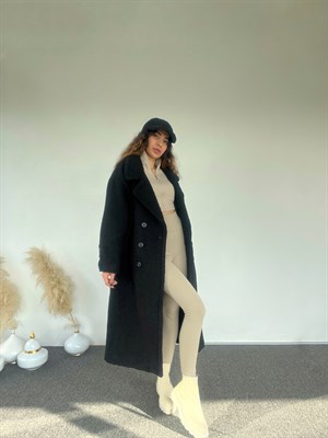 Premium Siyah Oversize Teddy Uzun Kaban