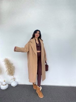 Premium Sütlü Kahve Oversize Teddy Tek Düğmeli Kaban 