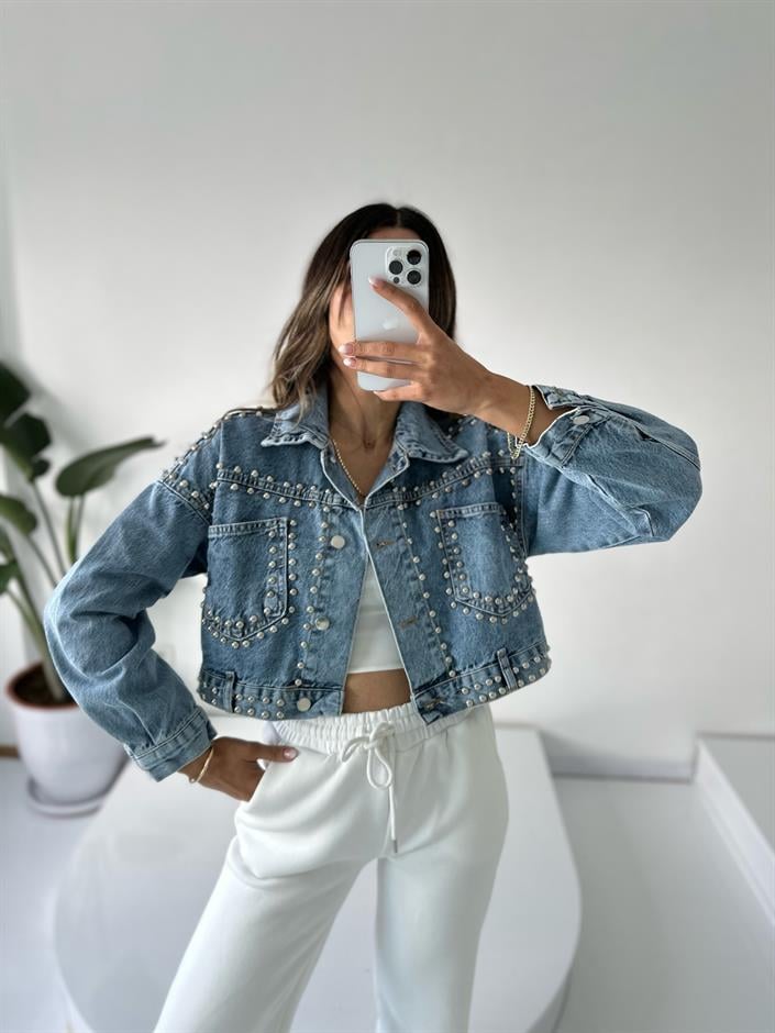 Premium Zımbalı Tasarım Denim Ceket 