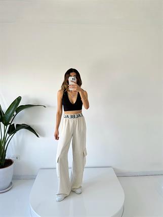 PRY Bej Keten Lastik Kemerli Kargo Cepli Pantolon