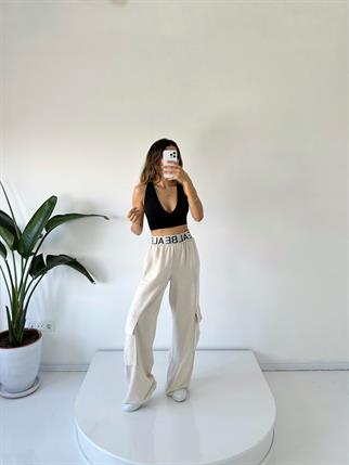 PRY Bej Keten Lastik Kemerli Kargo Cepli Pantolon