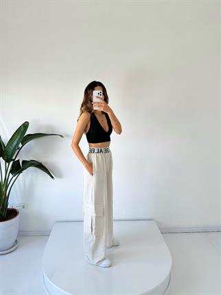 PRY Bej Keten Lastik Kemerli Kargo Cepli Pantolon