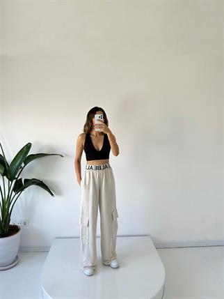 PRY Bej Keten Lastik Kemerli Kargo Cepli Pantolon