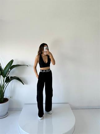 PRY Siyah Keten Lastik Kemerli Kargo Cepli Pantolon