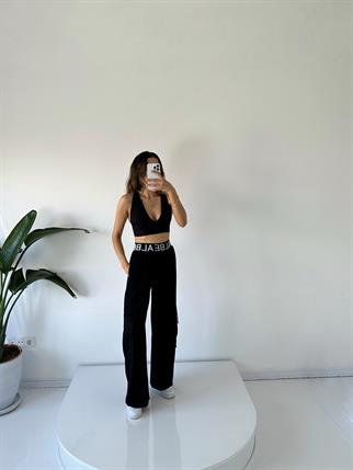 PRY Siyah Keten Lastik Kemerli Kargo Cepli Pantolon