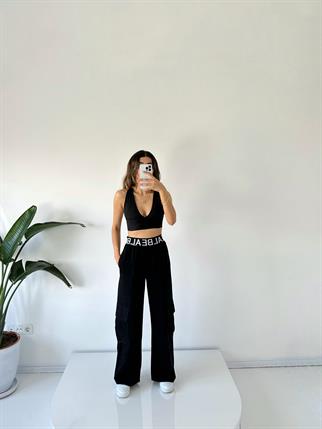 PRY Siyah Keten Lastik Kemerli Kargo Cepli Pantolon