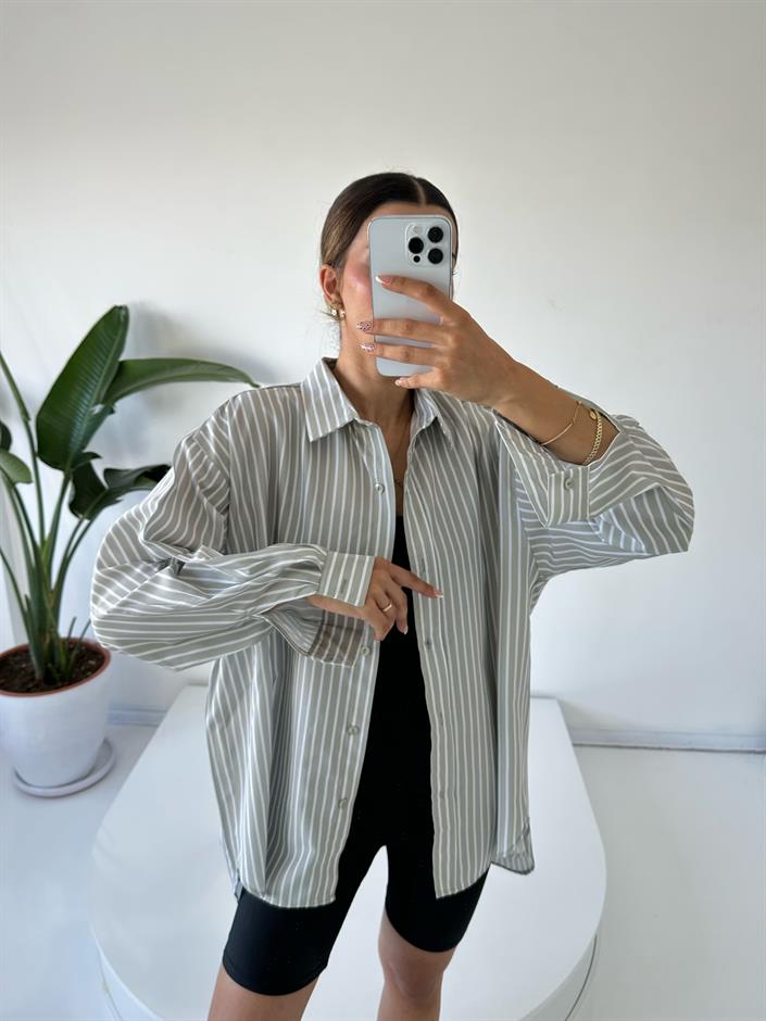 RYN Premium Gri Çizgili Oversize Gömlek 