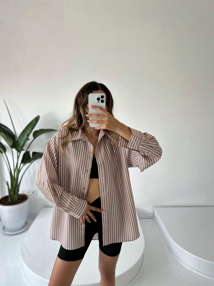 RYN Premium Kahve Çizgili Oversize Gömlek
