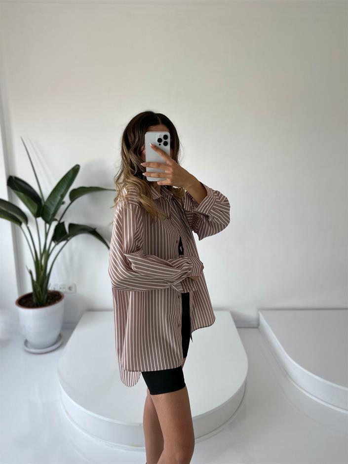 RYN Premium Kahve Çizgili Oversize Gömlek