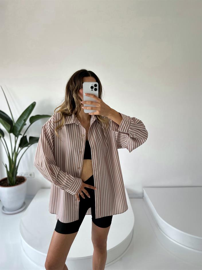 RYN Premium Kahve Çizgili Oversize Gömlek