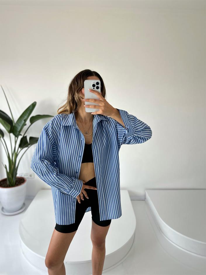 RYN Premium Mavi Çizgili Oversize Gömlek 