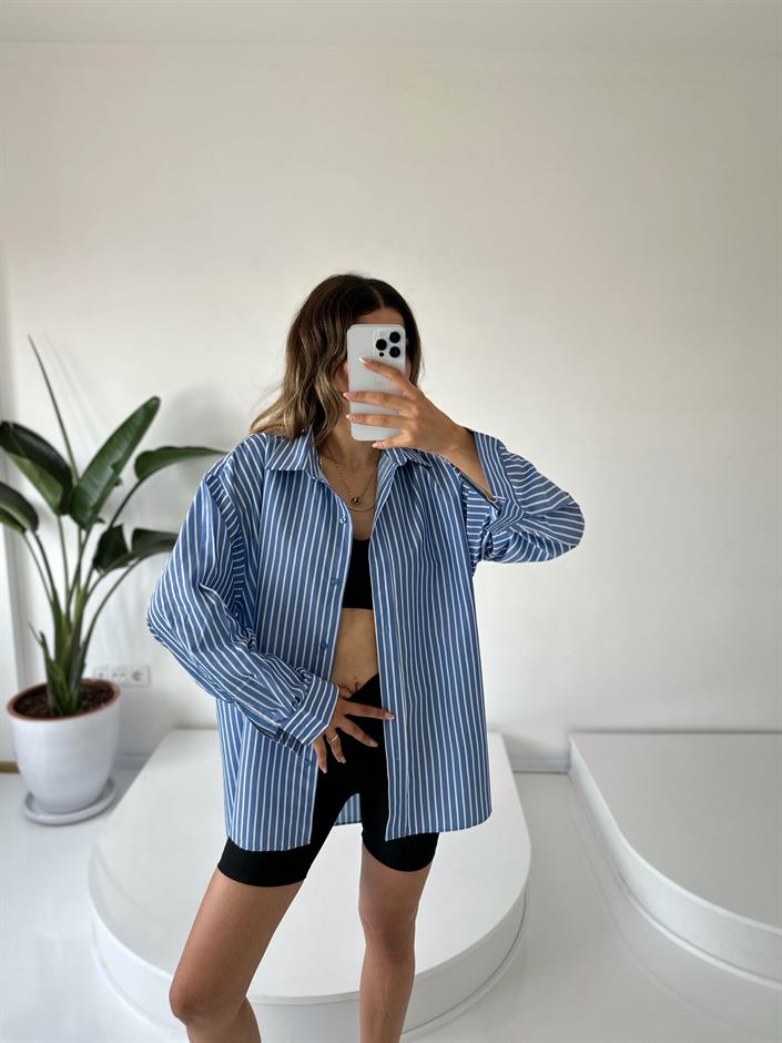 RYN Premium Mavi Çizgili Oversize Gömlek 