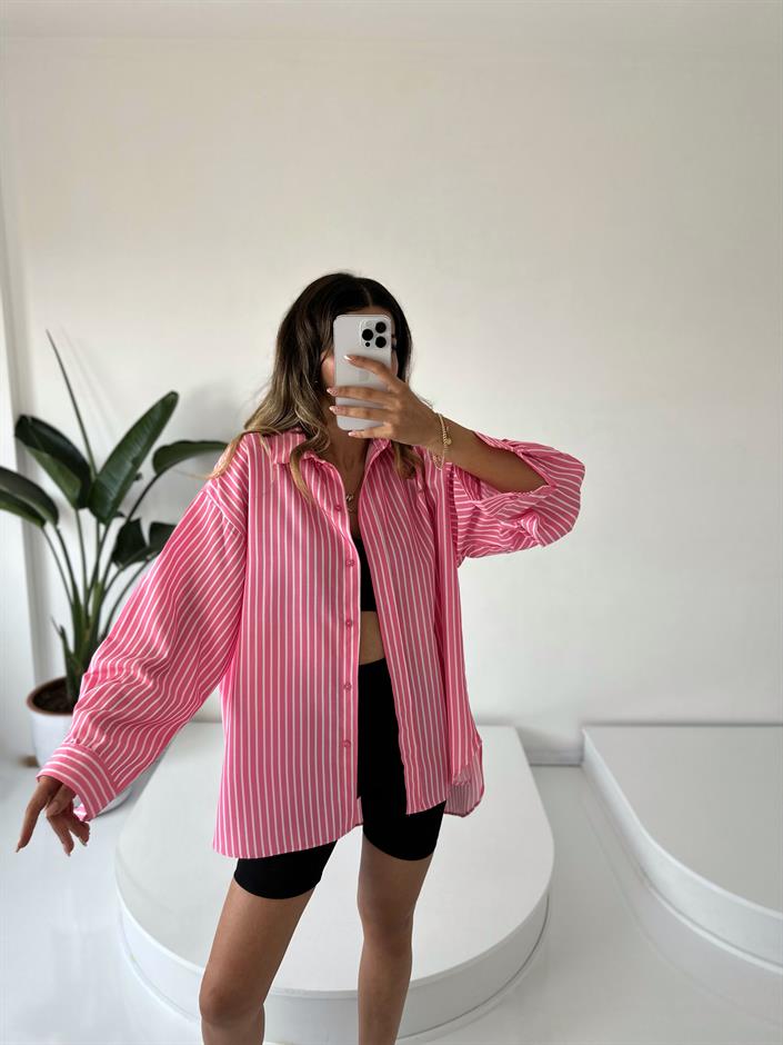 RYN Premium Pembe Çizgili Oversize Gömlek
