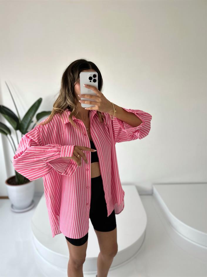 RYN Premium Pembe Çizgili Oversize Gömlek