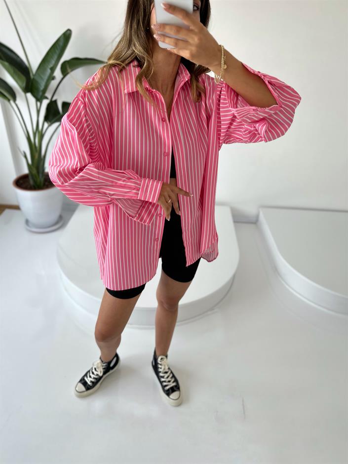 RYN Premium Pembe Çizgili Oversize Gömlek