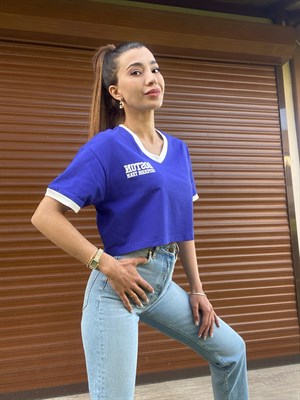 Saks Mavisi Baskılı Crop Tshirt