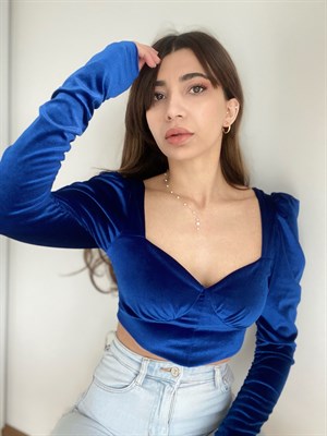 Saks Mavisi Kadife Crop Bluz 