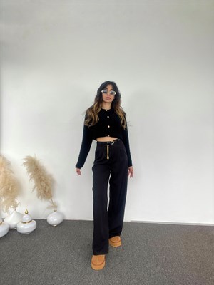 Siyah Belden Pens Dikişli Palazzo Pantolon