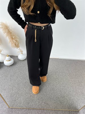 Siyah Belden Pens Dikişli Palazzo Pantolon