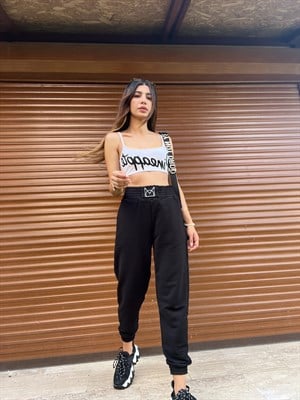 Siyah Beli Lastikli Baskılı Eşofman Altı