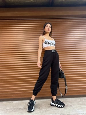 Siyah Beli Lastikli Baskılı Eşofman Altı