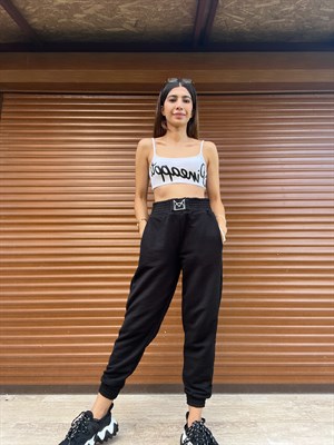 Siyah Beli Lastikli Baskılı Eşofman Altı