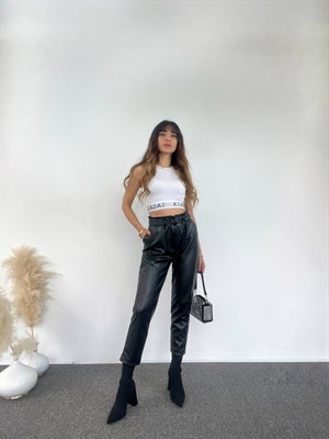 Siyah Beli Lastikli Deri Pantolon