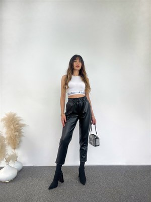 Siyah Beli Lastikli Deri Pantolon