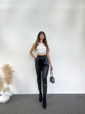 Siyah Beli Lastikli Deri Pantolon