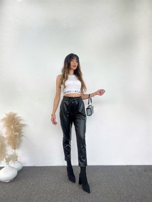 Siyah Beli Lastikli Deri Pantolon