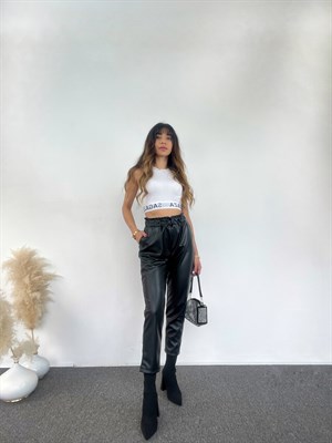 Siyah Beli Lastikli Deri Pantolon