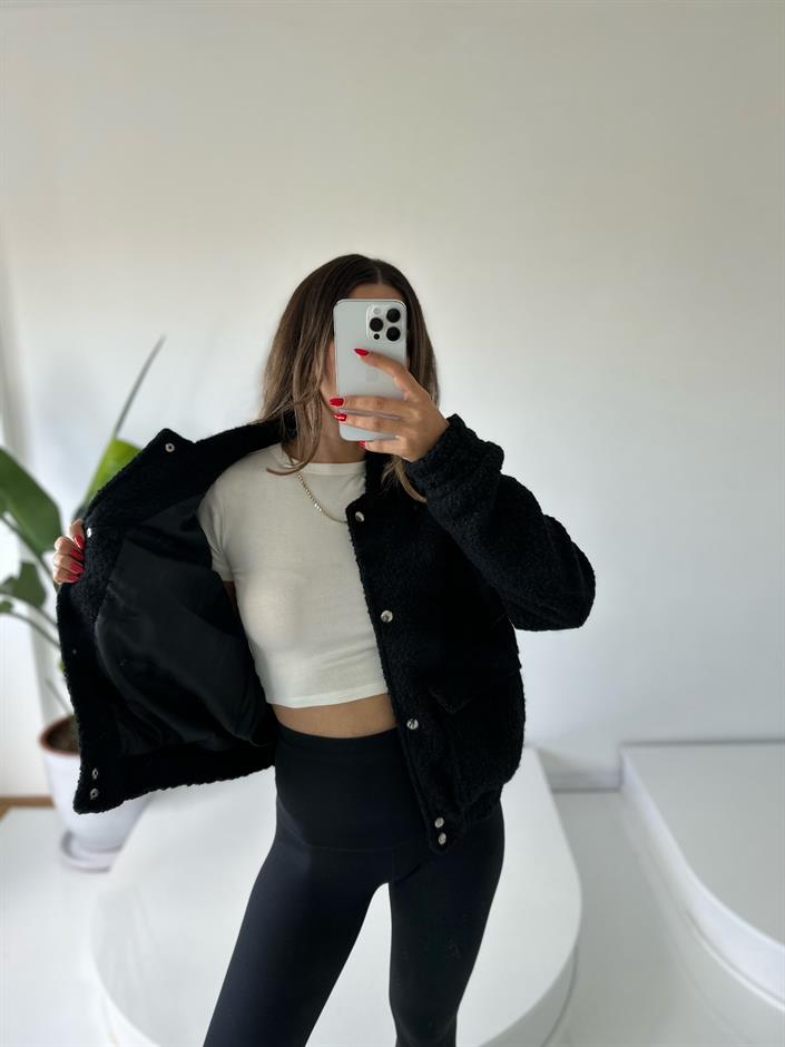 Siyah Buklet Teddy Bomber Ceket