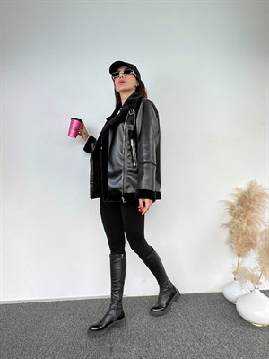 Siyah Deri Biker İçi Kürklü Mont 