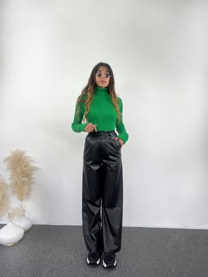 Siyah Deri Palazzo Pantolon 