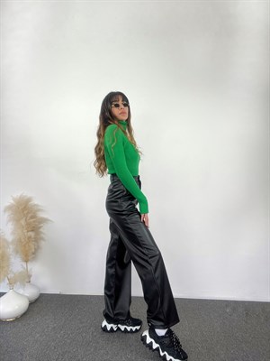 Siyah Deri Palazzo Pantolon 