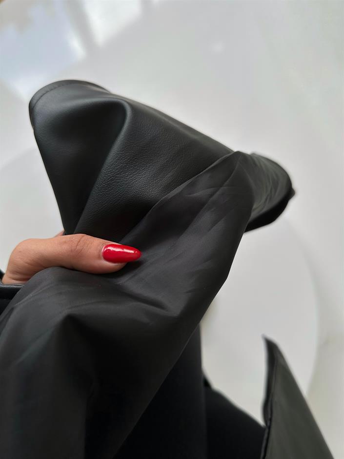 Siyah Deri Uzun Trençkot 