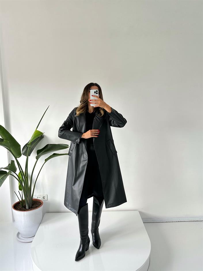 Siyah Deri Uzun Trençkot 