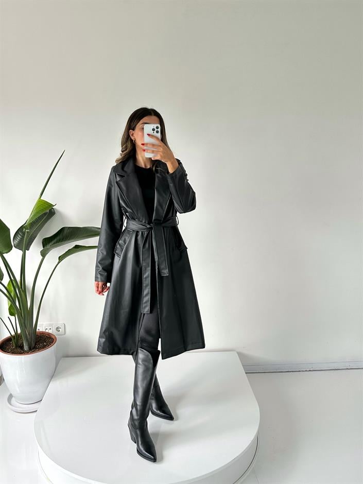 Siyah Deri Uzun Trençkot 