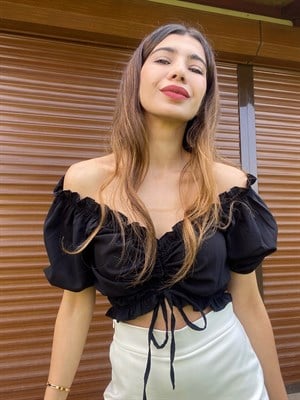 Siyah Drapeli Balon Kol Crop